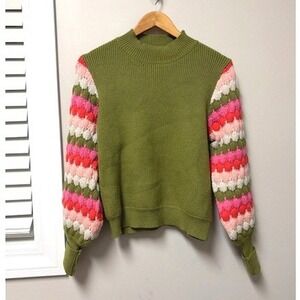 THML XS Green Knit Sweater Pink Striped Sleeves Slightly Cropped